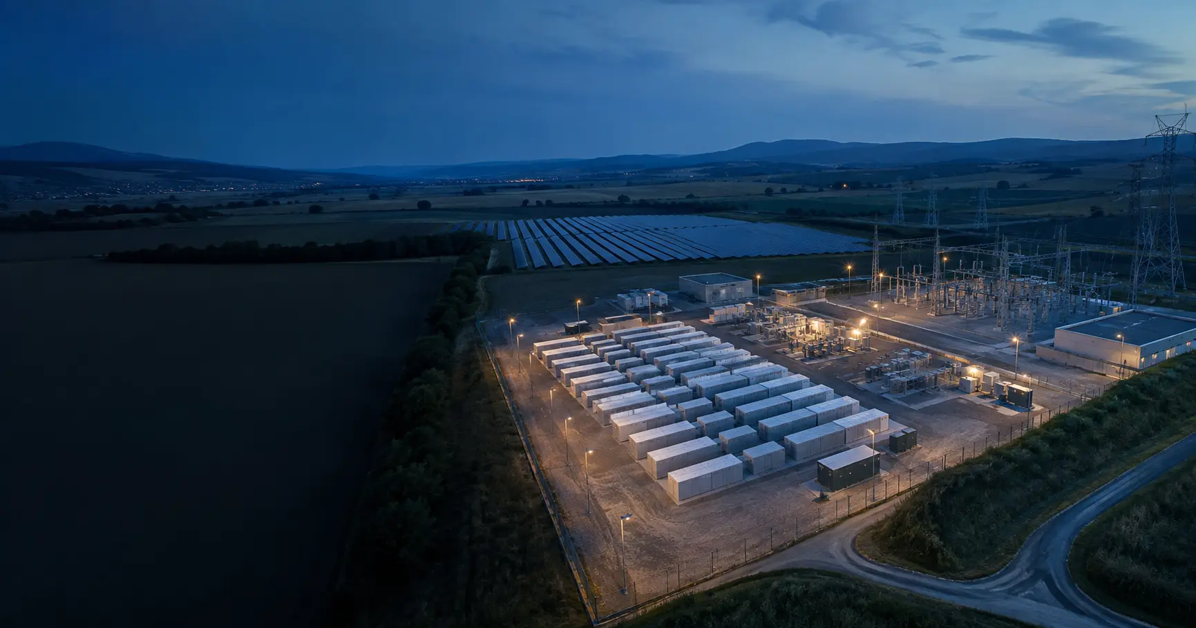 Großskaliger Batteriespeicher mit Solaranlage und Netzanschluss in der blauen Stunde